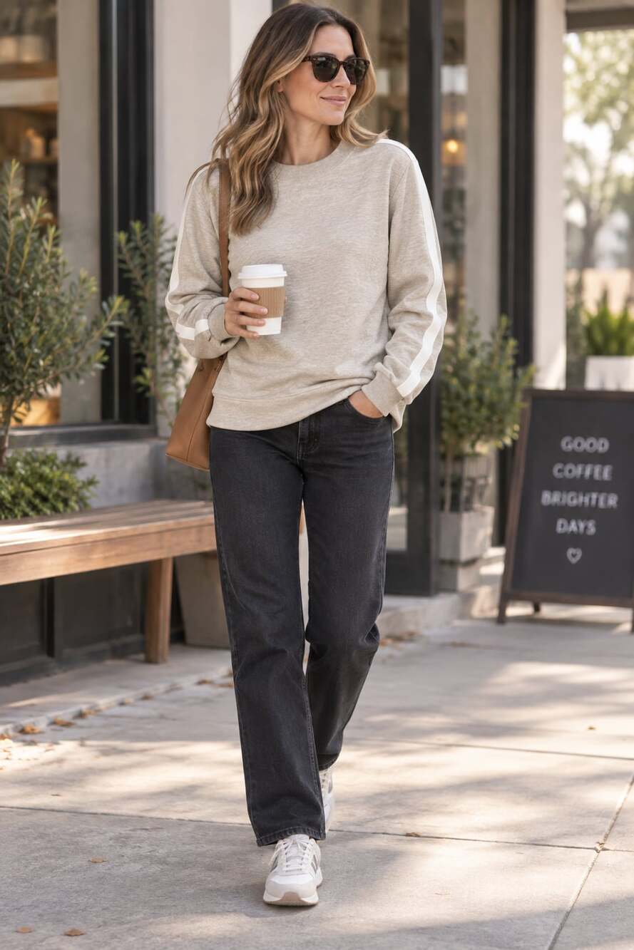 Lou & Grey Heathered Beige Mock Neck Sweatshirt with White Sleeve Stripes